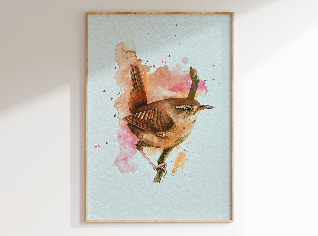 A watercolour print of a wren with a splashy background, in a frame on a wall