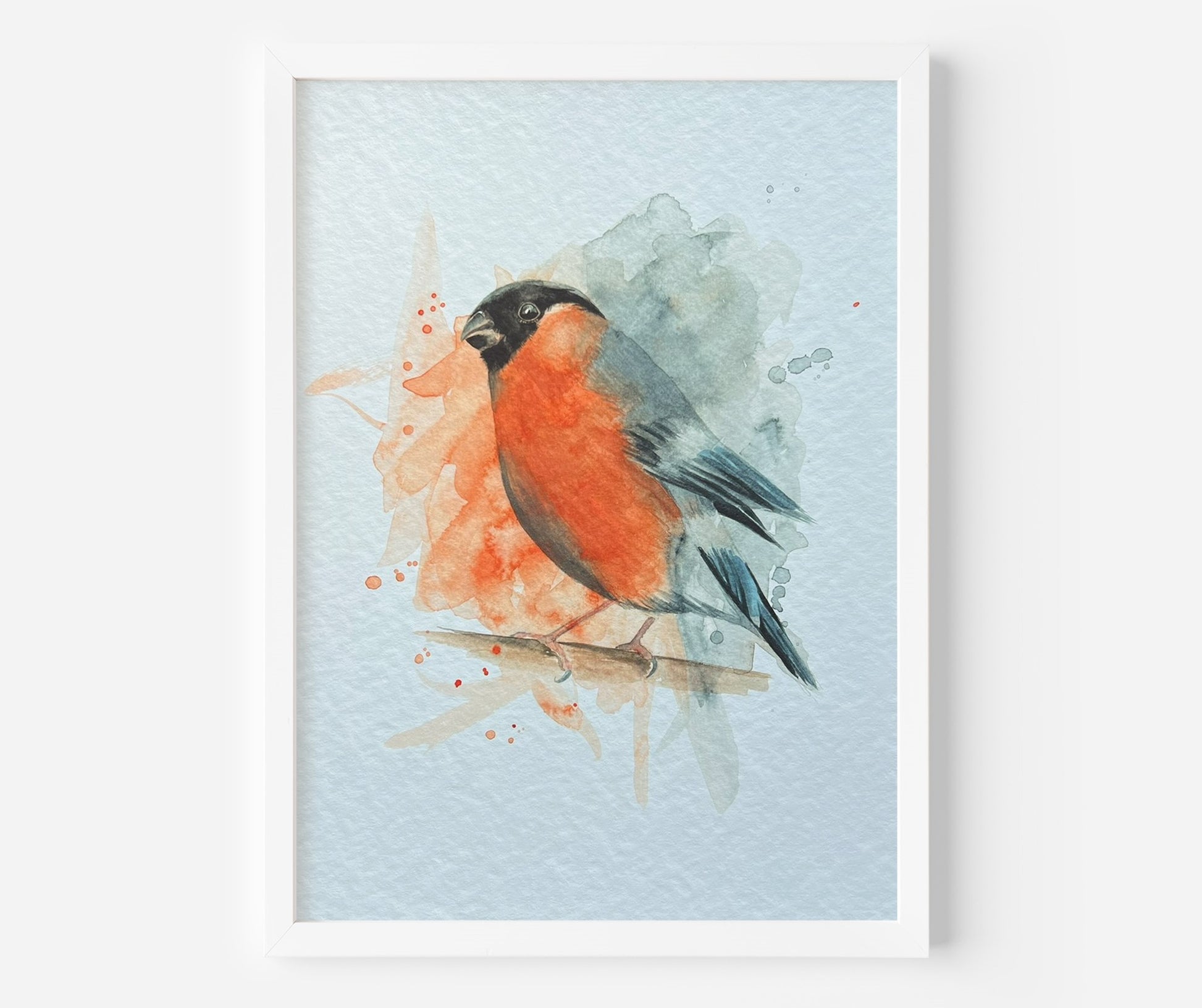 An A4 print of a bullfinch on textured archival paper.