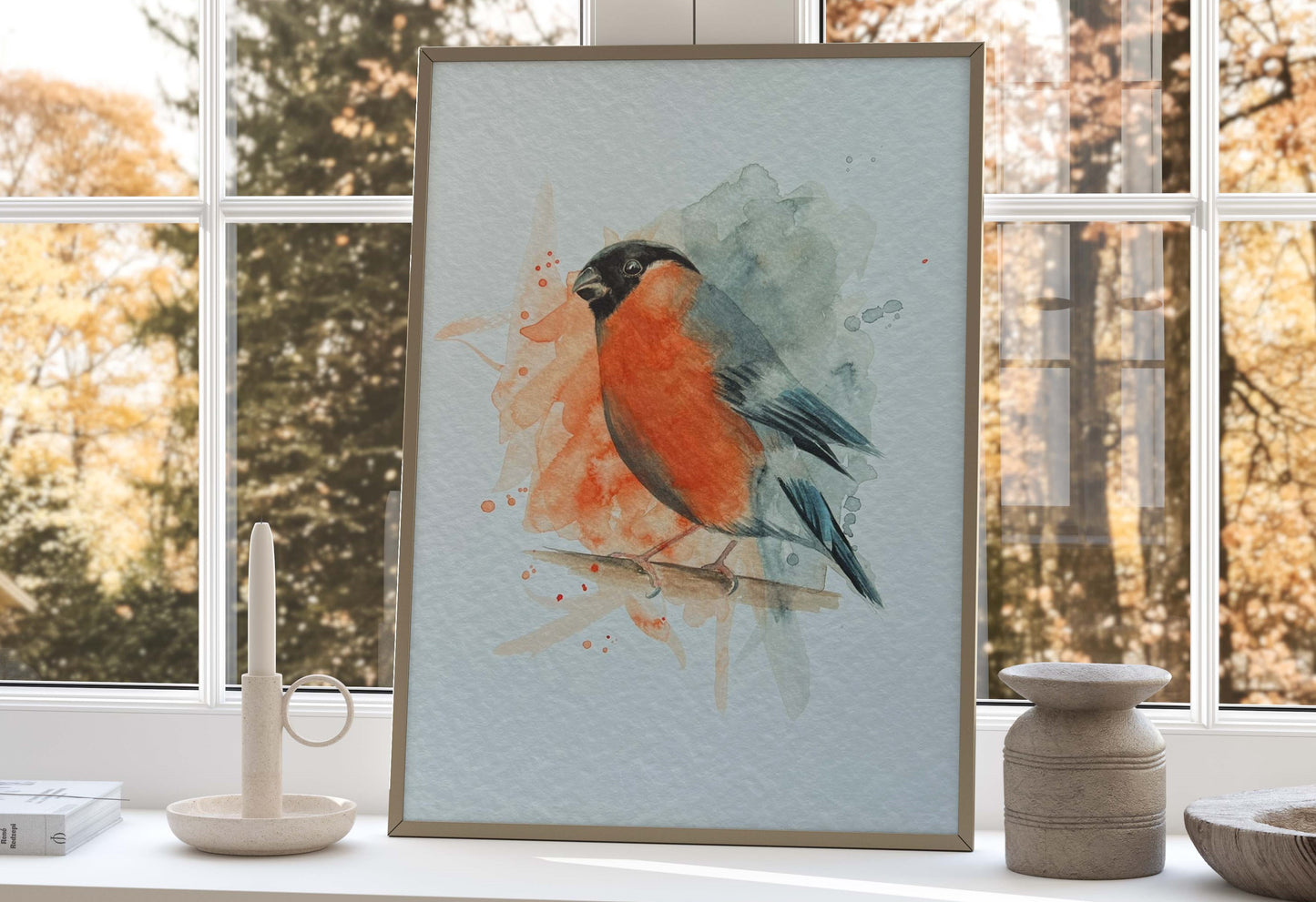 An A4 print of a bullfinch on textured archival paper.