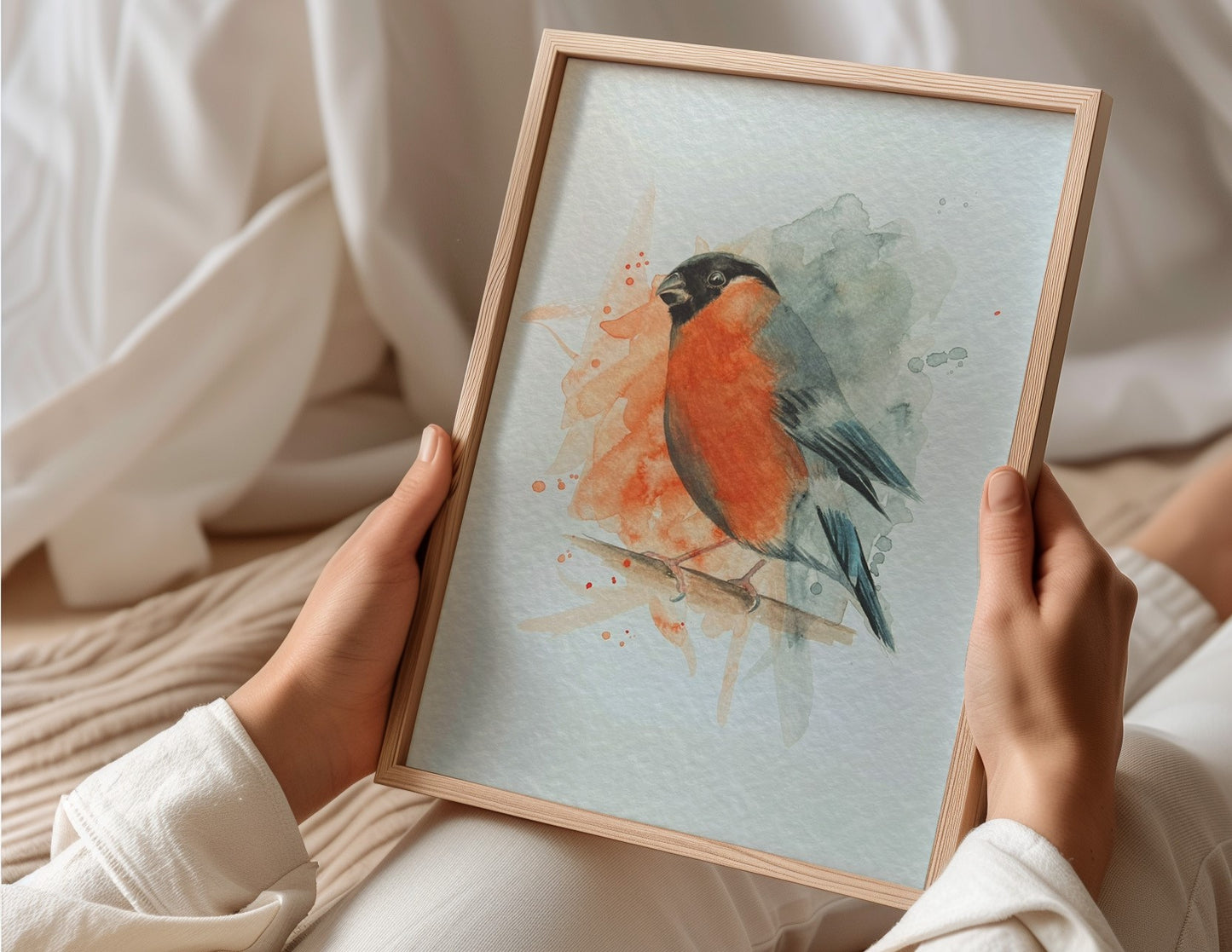 An A4 print of a bullfinch on textured archival paper.