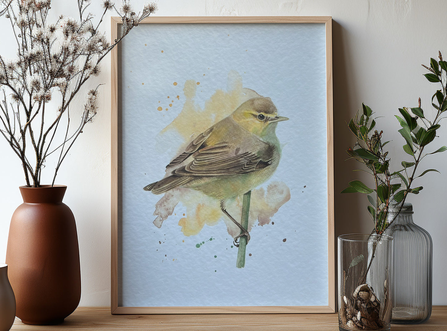 An A4 print of a chiffchaff on textured archival paper.