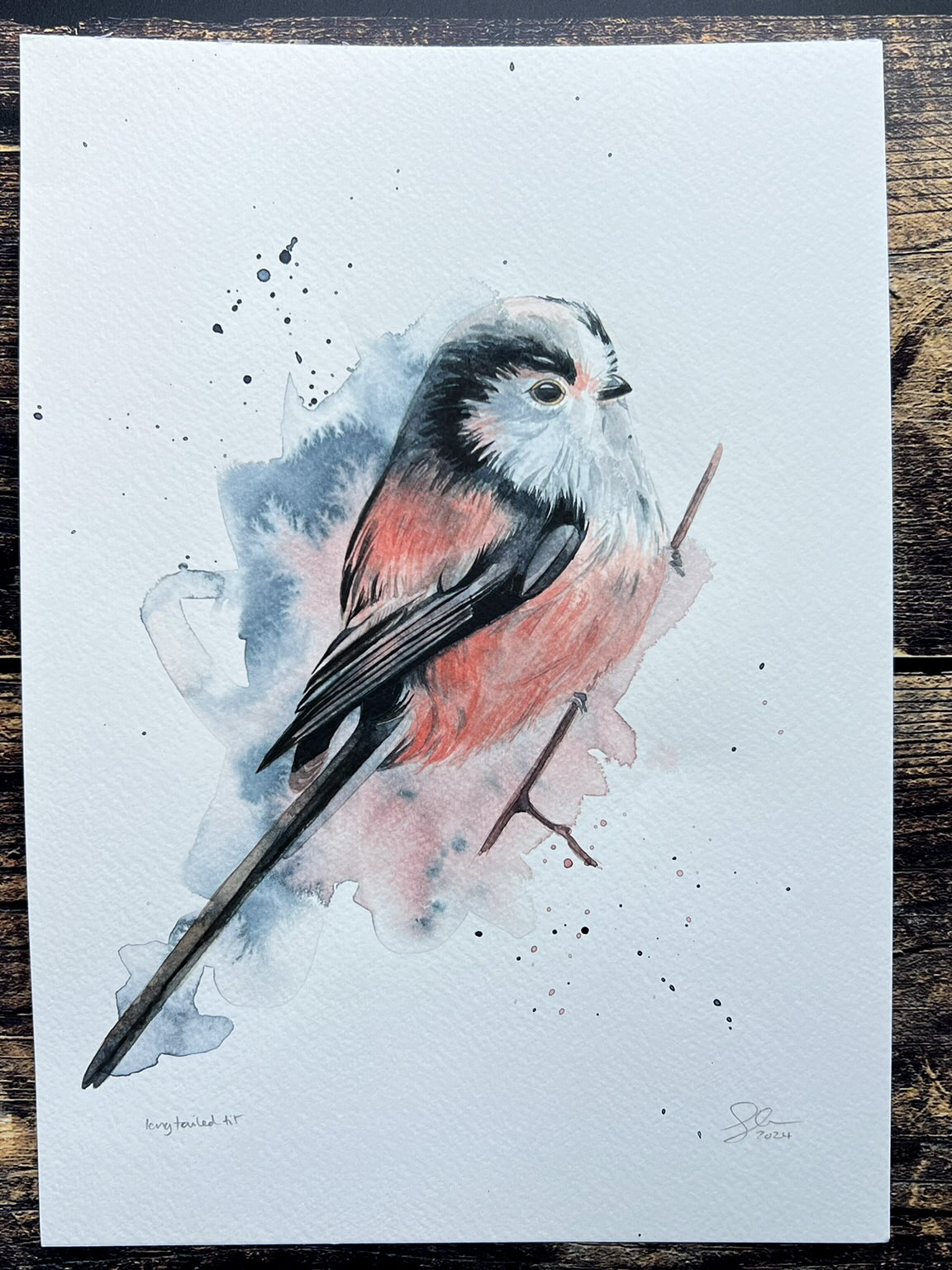 An A4 original watercolour painting of a long-tailed tit on 300gsm watercolour paper.