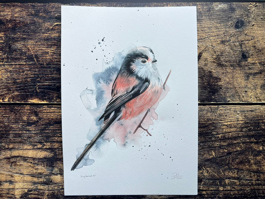 An A4 original watercolour painting of a long-tailed tit on 300gsm watercolour paper.