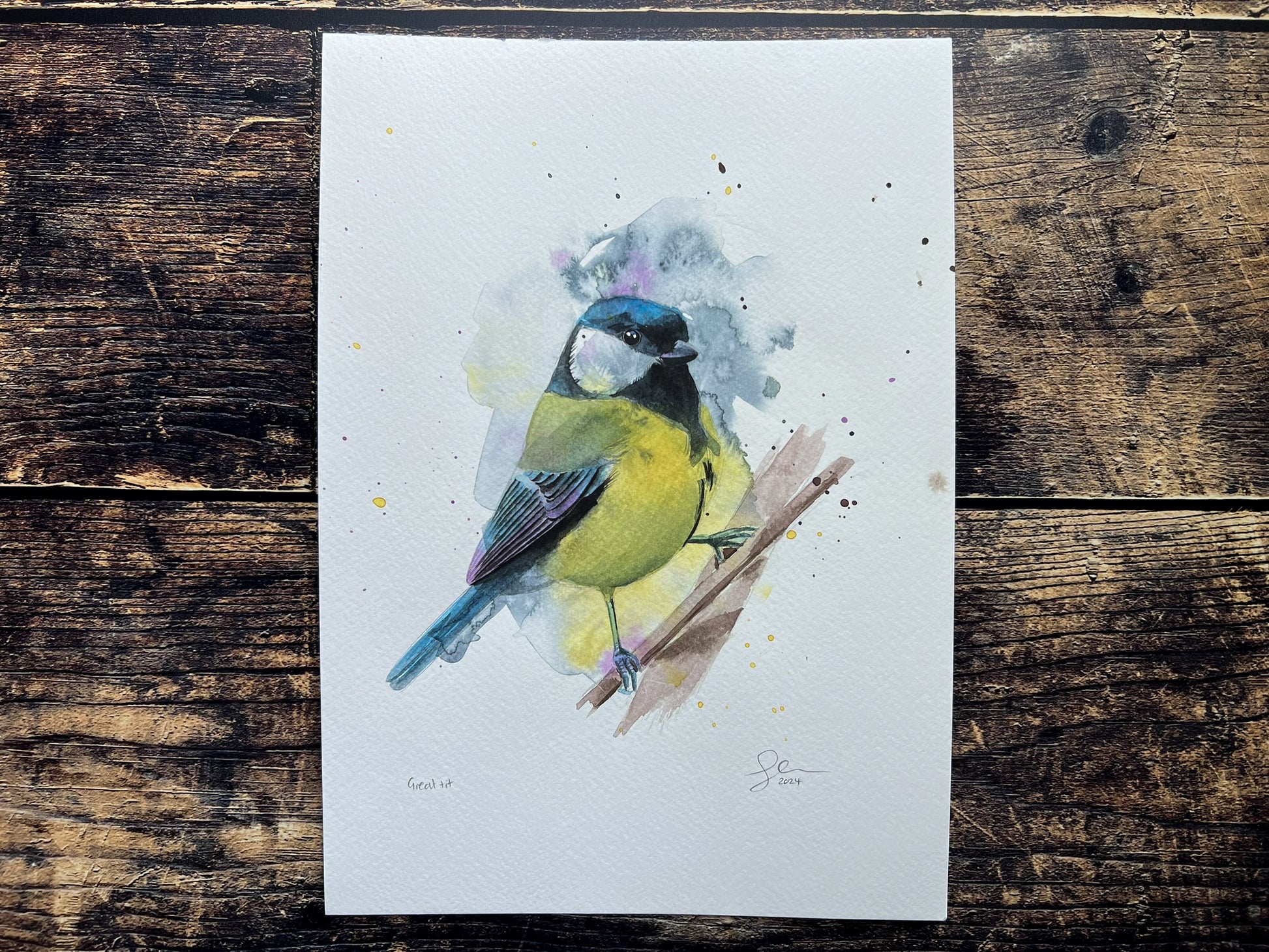 An A4 original watercolour painting of a great tit on 300gsm watercolour paper.