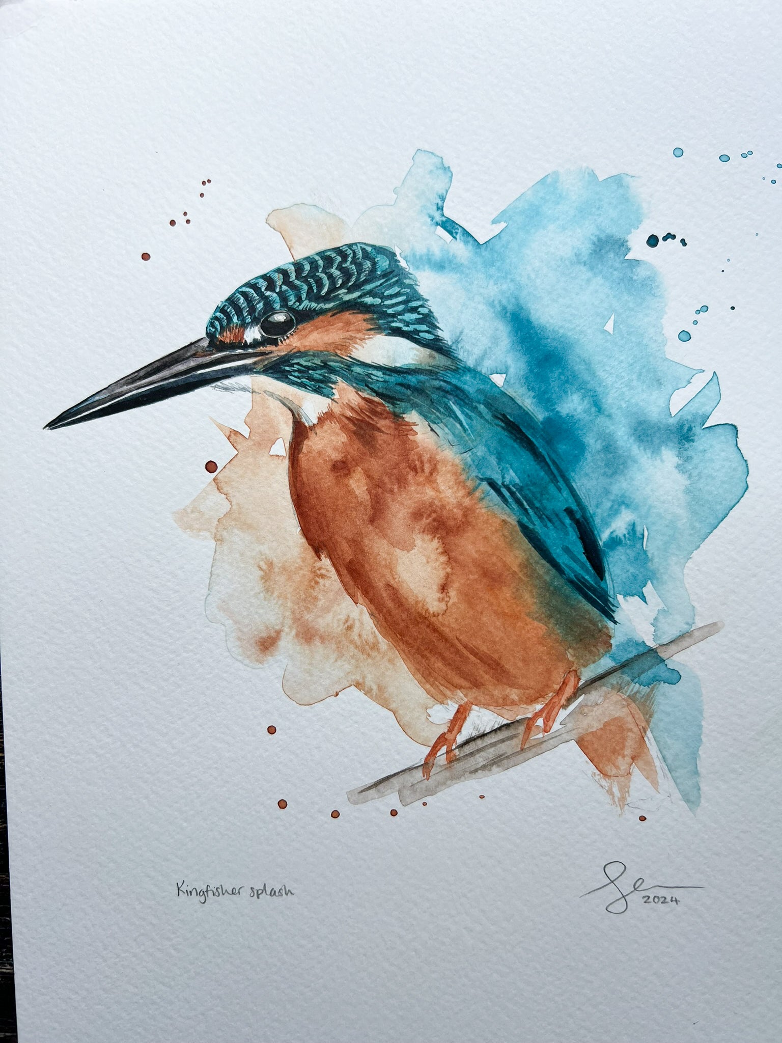 An A4 original watercolour painting of a kingfisher on 300gsm watercolour paper.