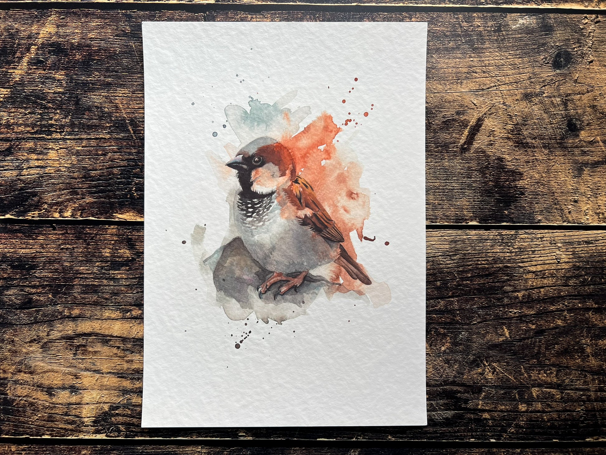 An A4 print of a watercolour house sparrow painted in an expressive style. It's printed on textured archival paper.