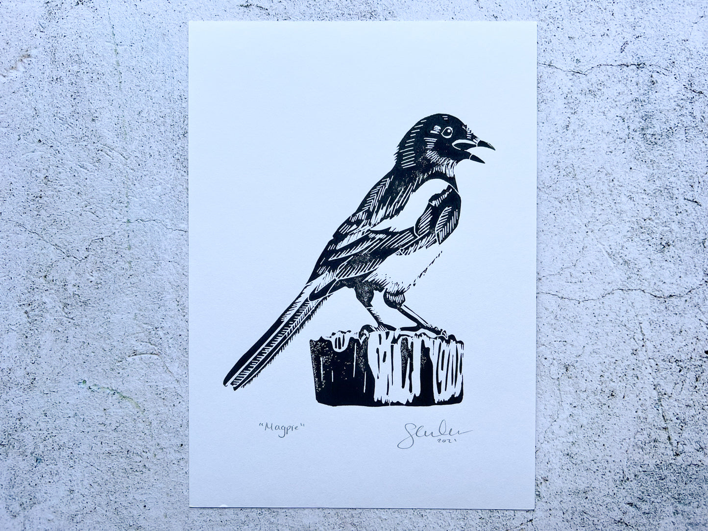 Magpie A5 lino print - SALE