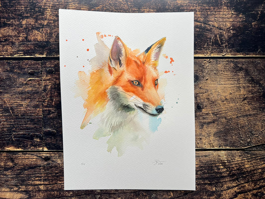 An original watercolour portrait painting of a fox