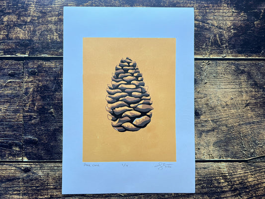 Pine cone reduction lino print