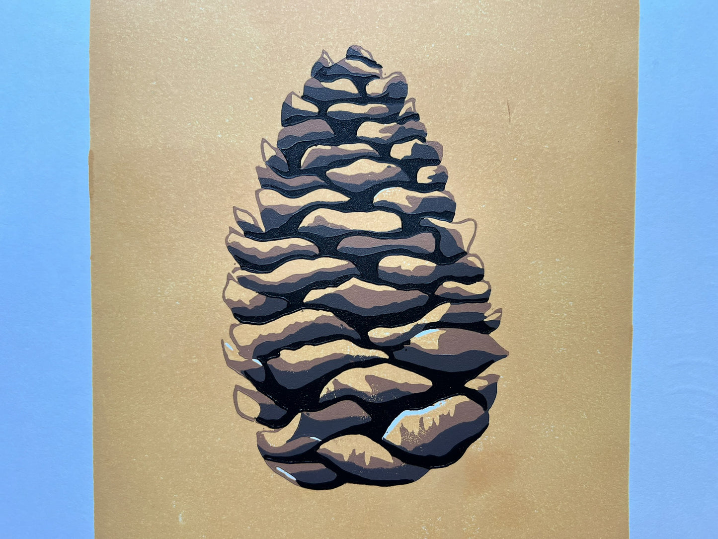 Pine cone reduction lino print