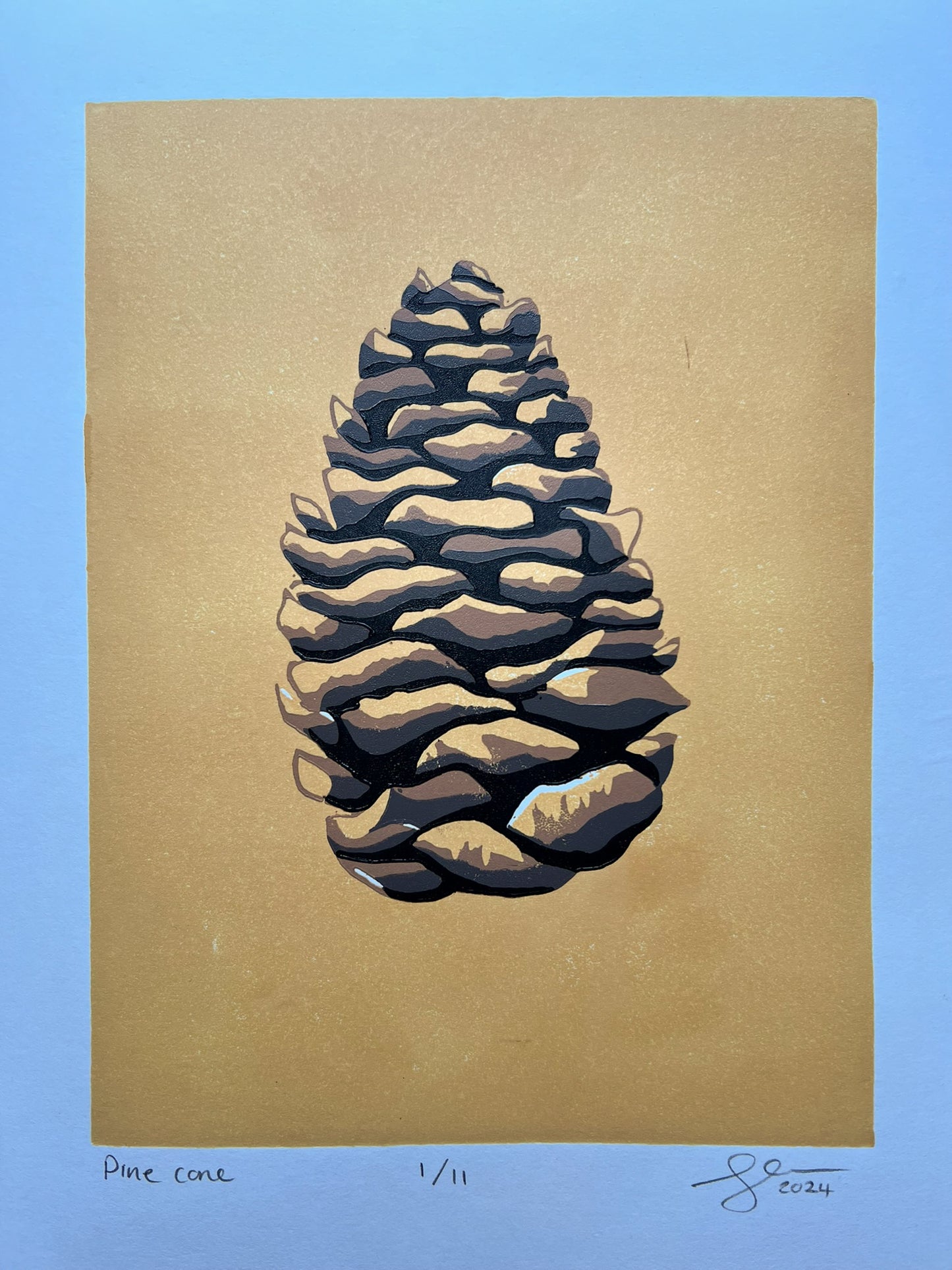 Pine cone reduction lino print