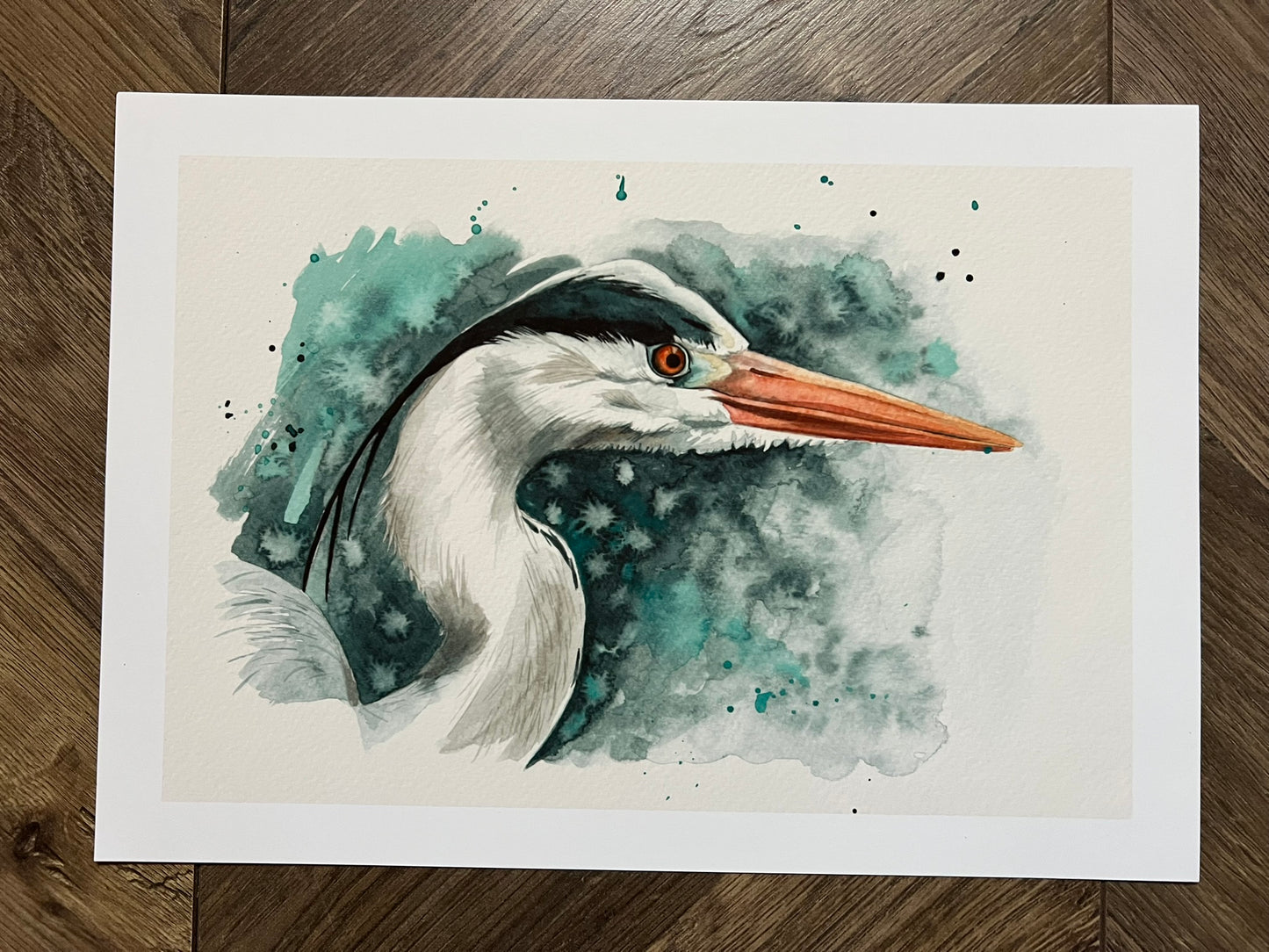 A portrait print of a watercolour heron