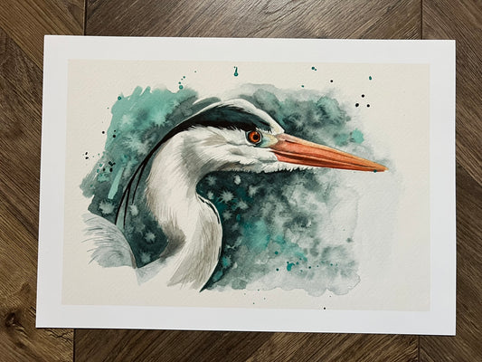 A portrait print of a watercolour heron