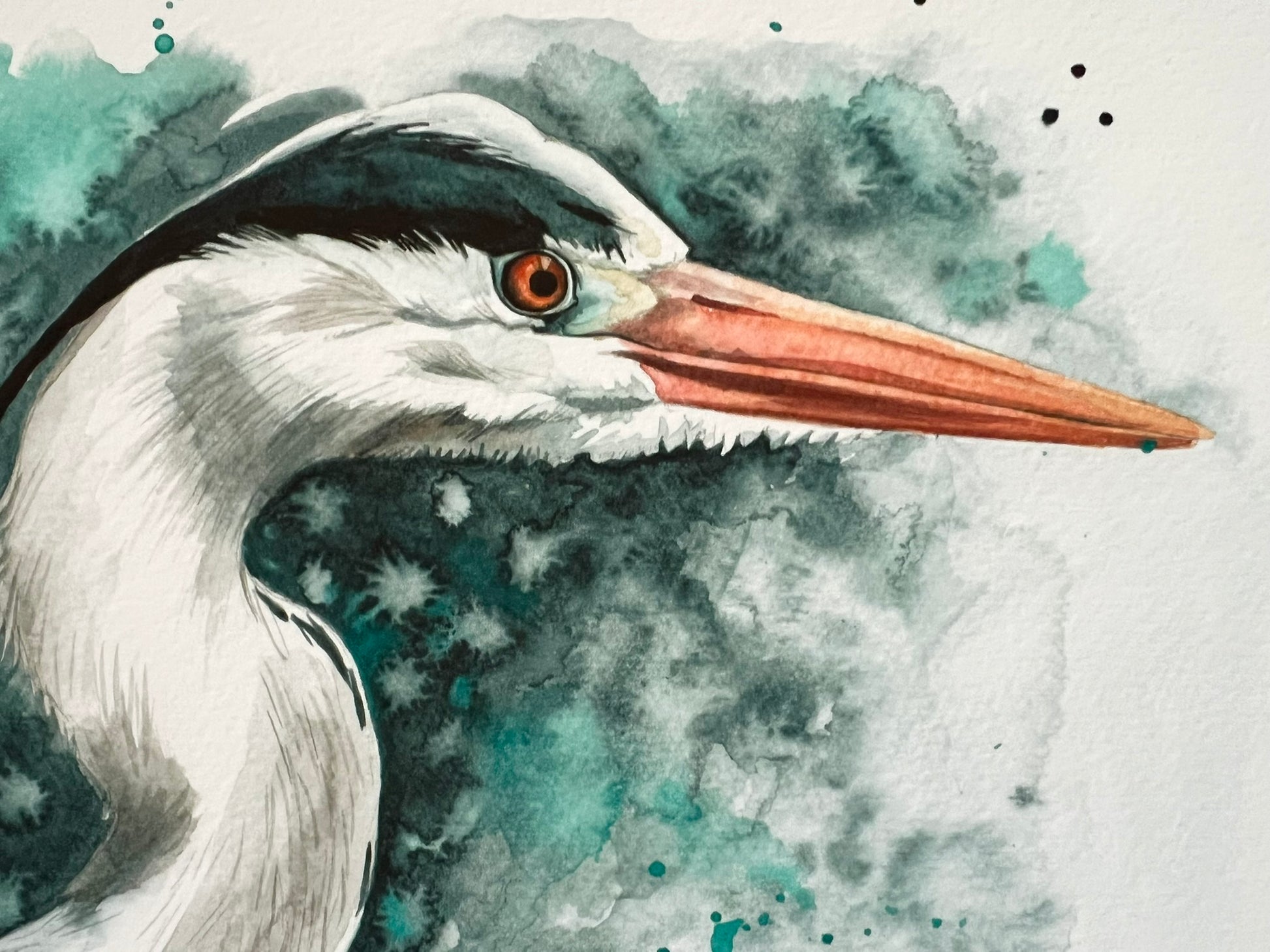 A close up of the watercolour print of a grey heron