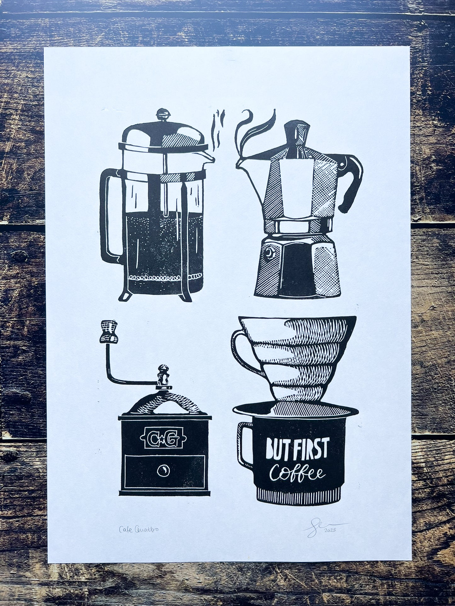 This is an almost A3 print or four different types of coffee making equipment - a moka pot, french press, v60 dripper and an antique grinder.