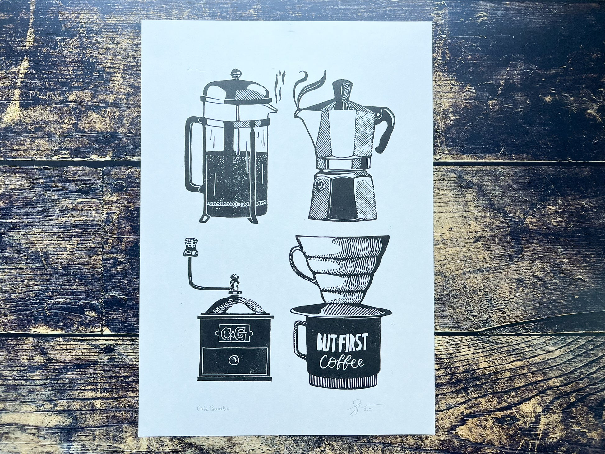 This is an almost A3 print or four different types of coffee making equipment - a moka pot, french press, v60 dripper and an antique grinder.