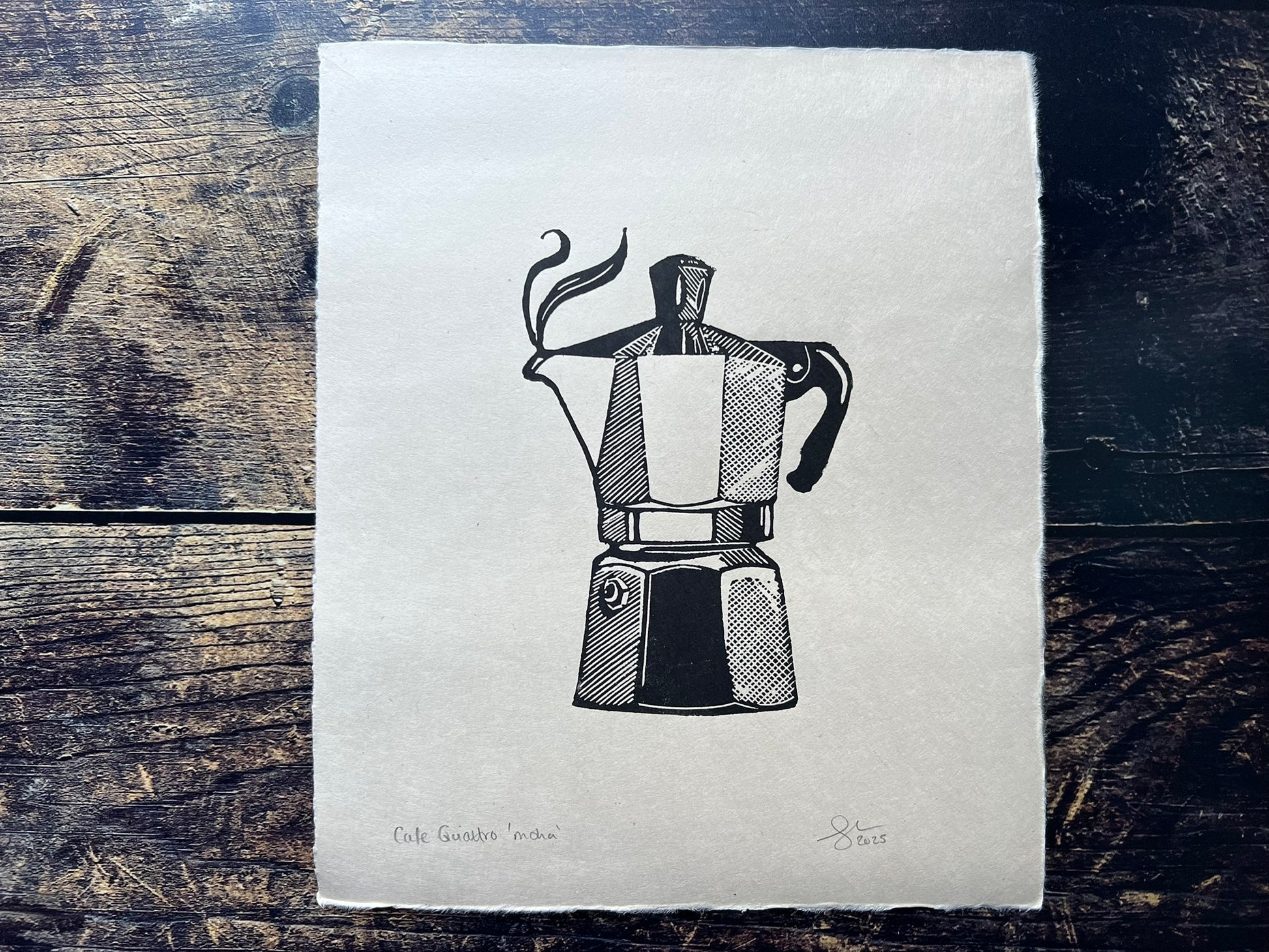 This is a small lino print of a coffee moka pot