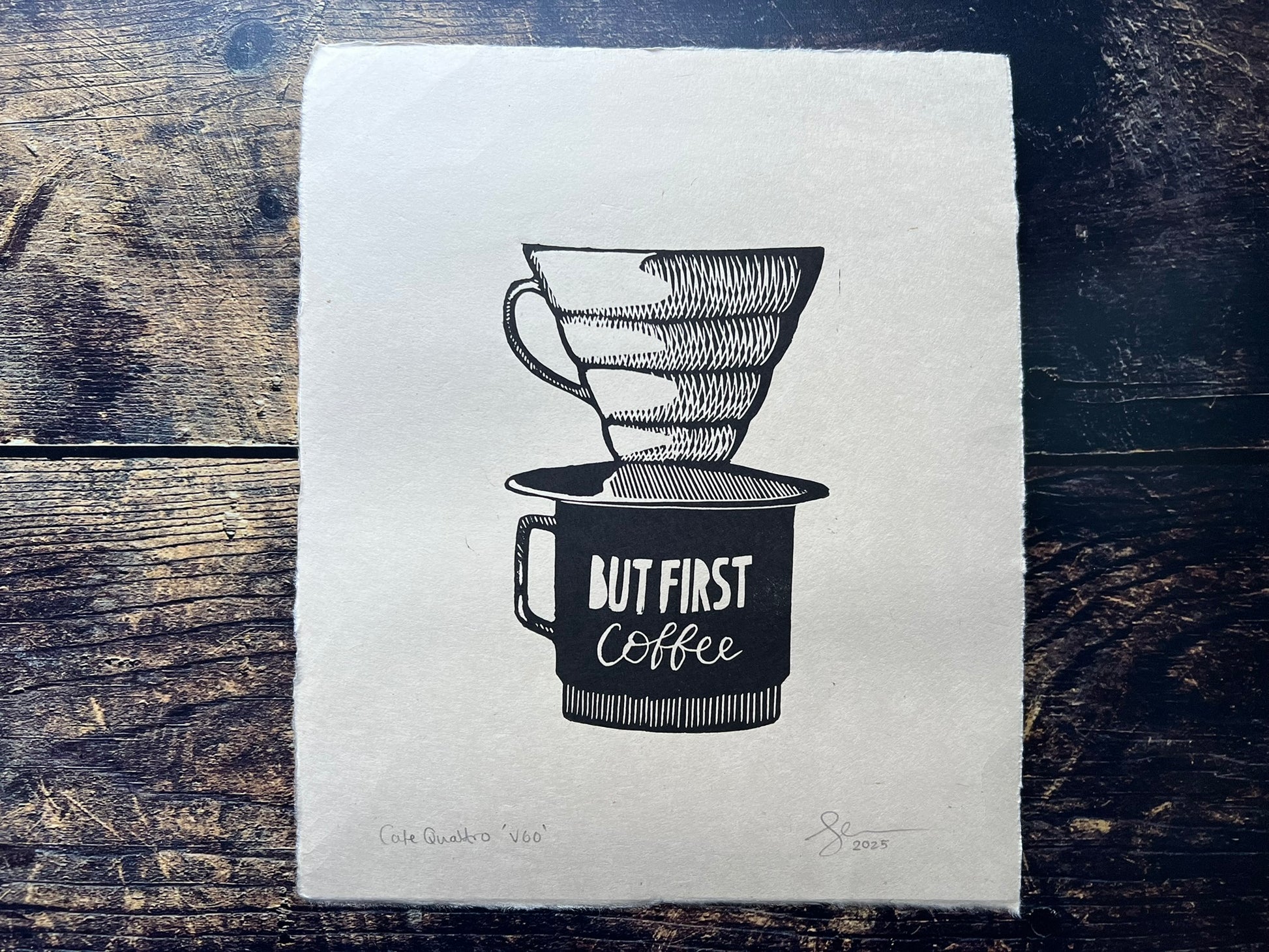 This is a small lino print of a V60 coffee dripper