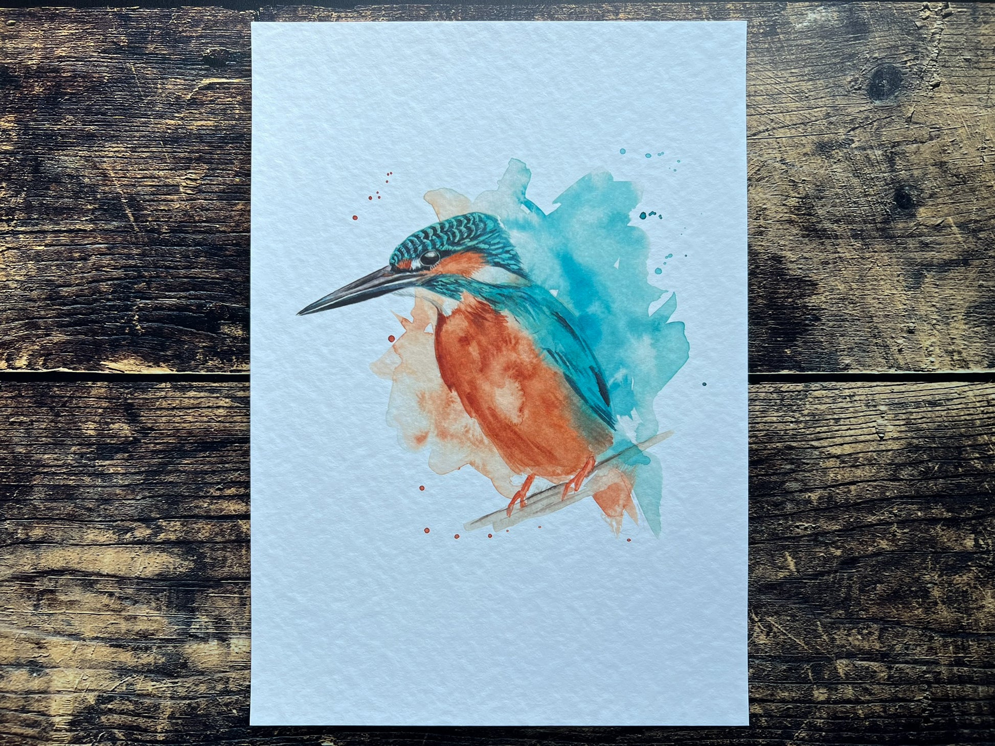 An A4 print of a kingfisher on textured archival paper.