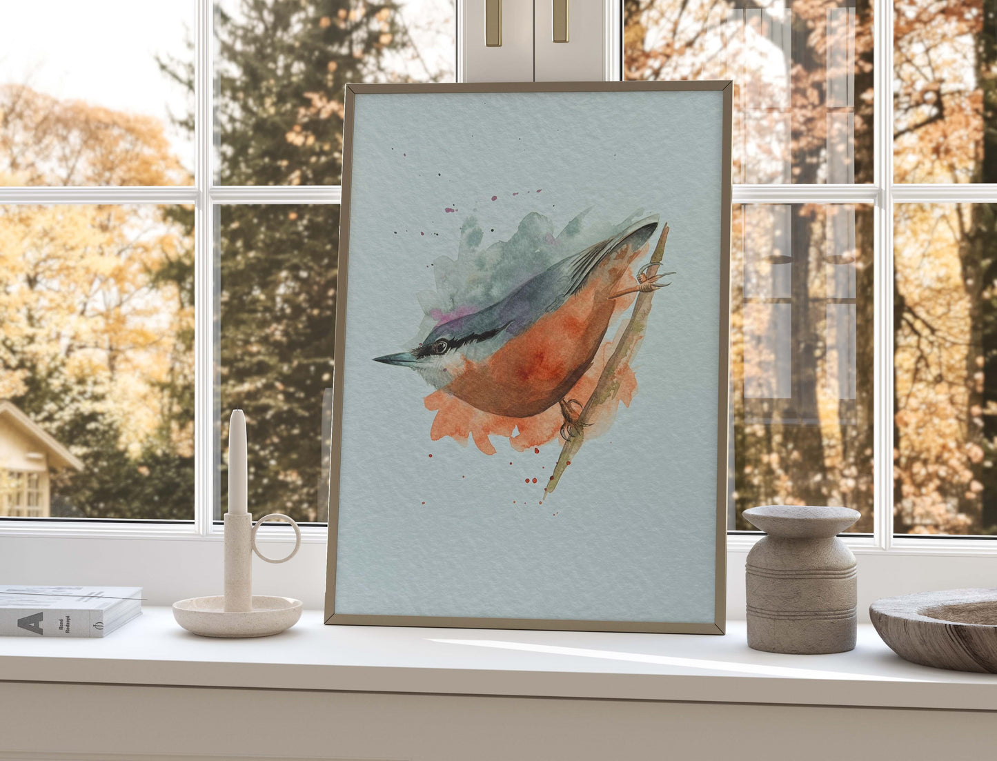 An A4 print of a nuthatch on textured archival paper.