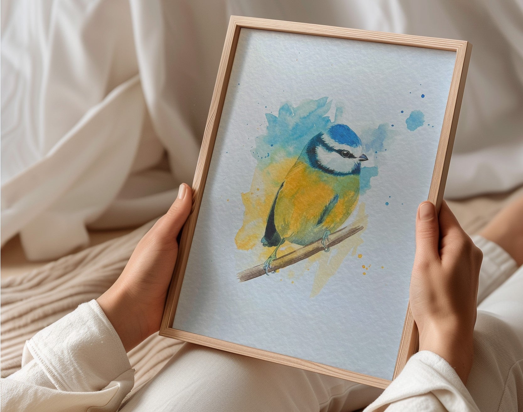 An A4 print of a blue tit on textured archival paper in a wooden frame.