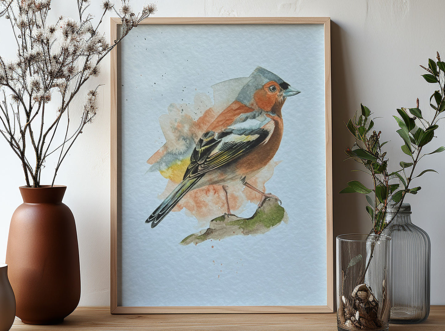 An A4 print of a chaffinch on textured archival paper.