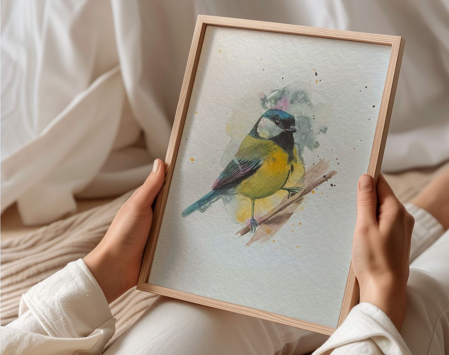 An A4 print of a great tit on textured archival paper.