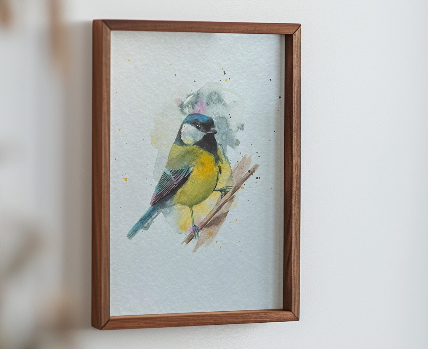 An A4 print of a great tit on textured archival paper.