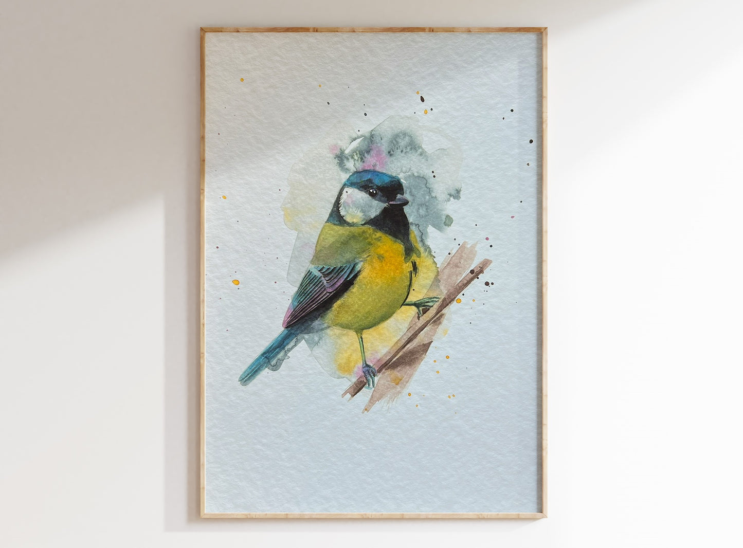 An A4 print of a great tit on textured archival paper.