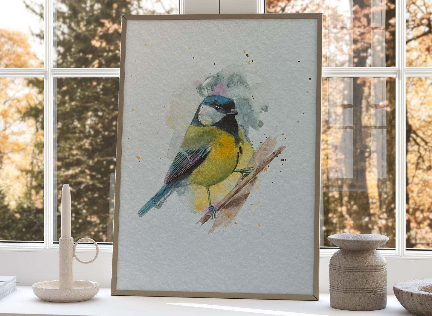 An A4 print of a great tit on textured archival paper.