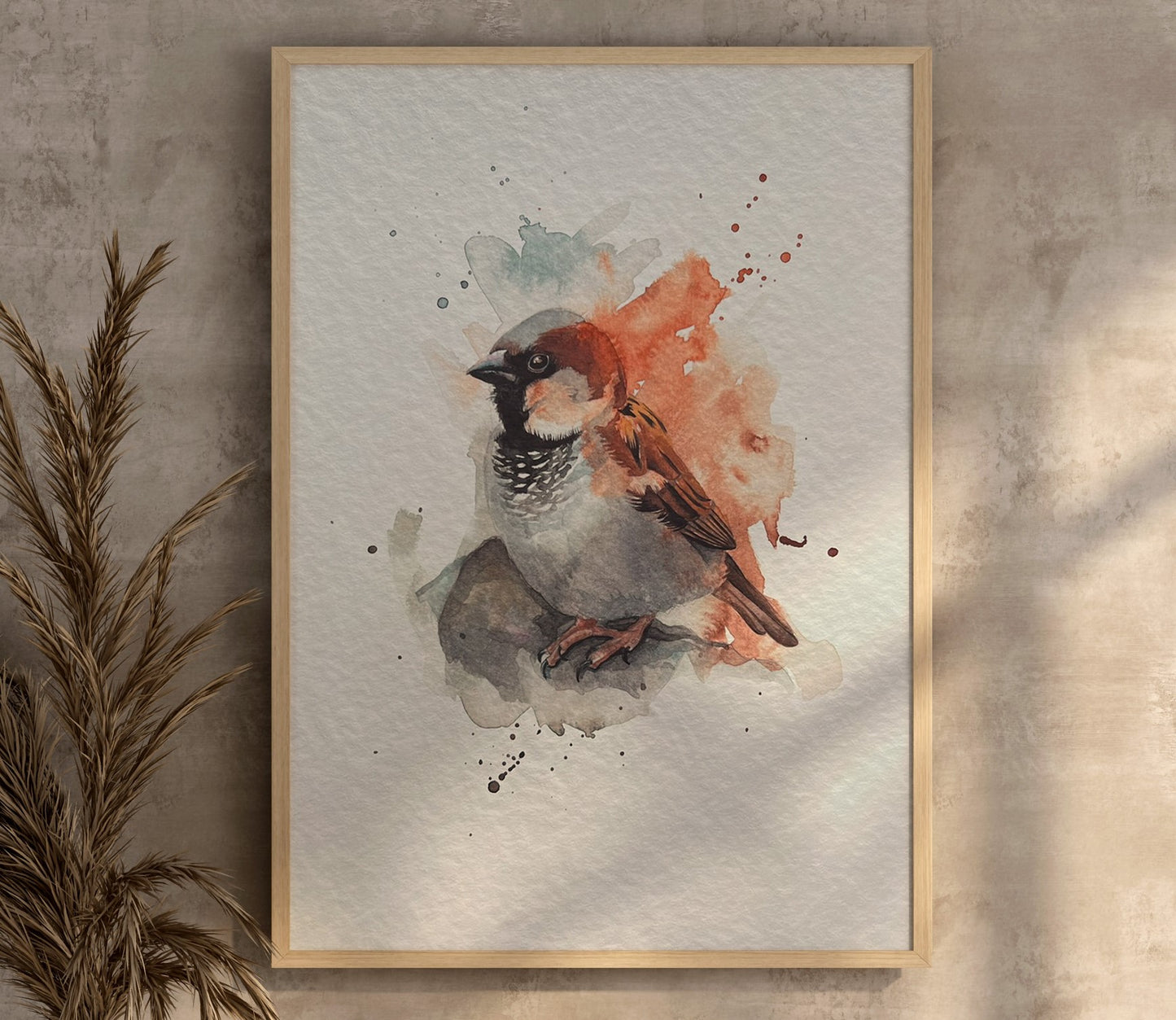 An A4 print of a watercolour house sparrow painted in an expressive style. It's printed on textured archival paper and displayed in a wooden frame.