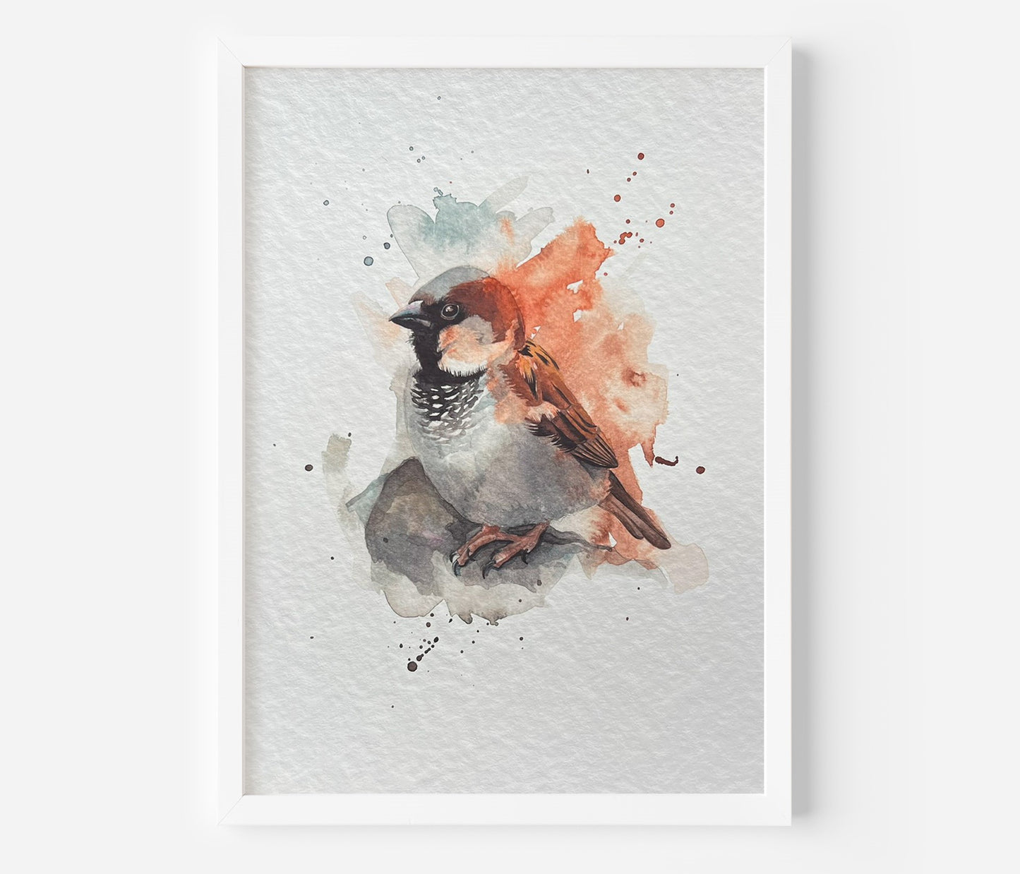 An A4 print of a watercolour house sparrow painted in an expressive style. It's printed on textured archival paper and displayed in a wooden frame.